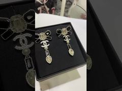 23K Black White Gem Bow Double C Pearl Drop Earrings