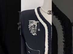 Silver-Tone Flying Bird Design Full Diamond Luxury Brooch with Double C Pearl-Studded Chain Tassel